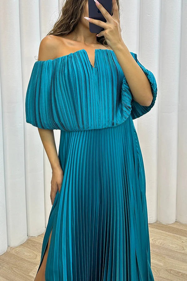 Shelley Pleated Off Shoulder Elastic Waist Slit Maxi Dress