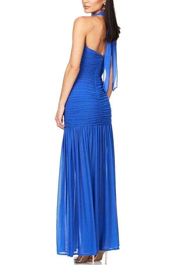 Chic Demeanor Mesh Overlay Ruched Halter Slit Stretch Maxi Dress