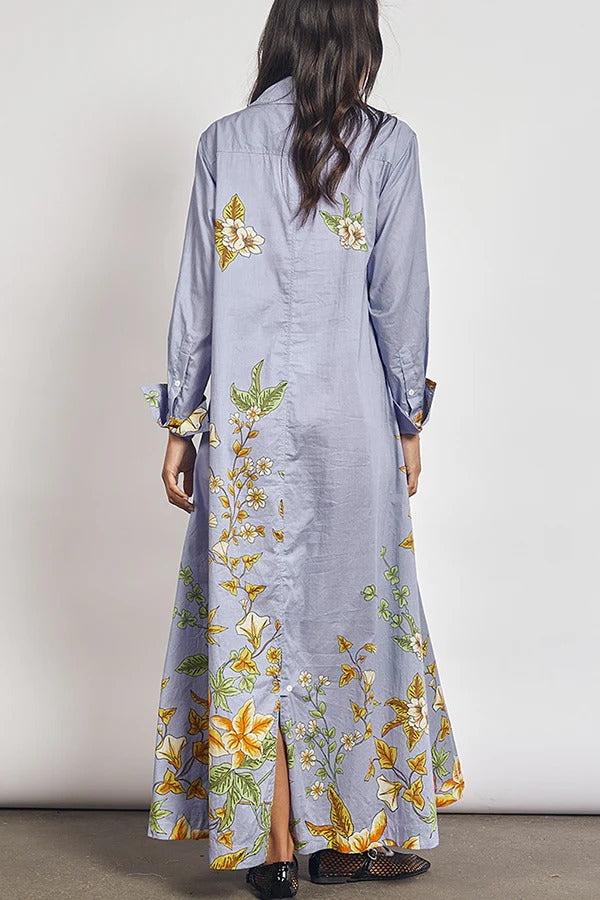 Opera Unique Floral Print Long Sleeve Pocket A-line Shirt Maxi Dress