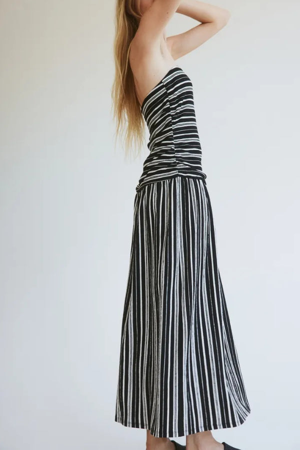 Simple Sexy Striped Ruched Detail Bandeau Stretch Maxi Dress