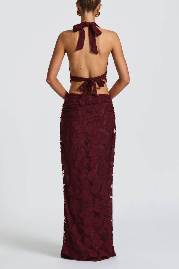 Myra Floral Burnout Jersey Fabric Halter Crop Tank and Ruched Maxi Skirt Set