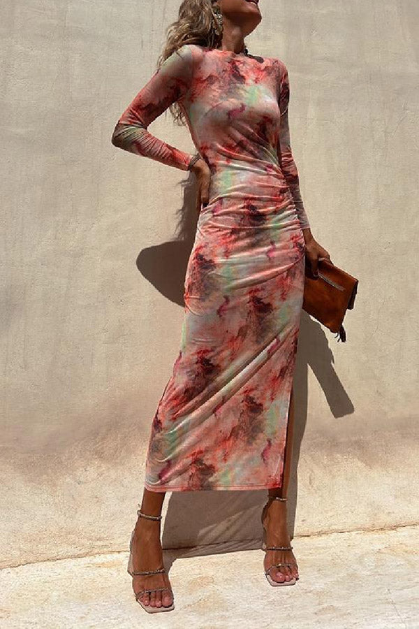 Charm Lady Mesh Overlay Tie Dye Print Long Sleeve Ruched Stretch Midi Dress