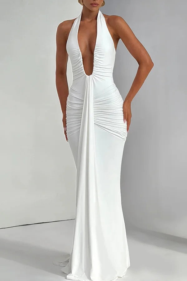 Solid Color Elegant Halterneck V-neck Open Back Tie Gathered Maxi Dress
