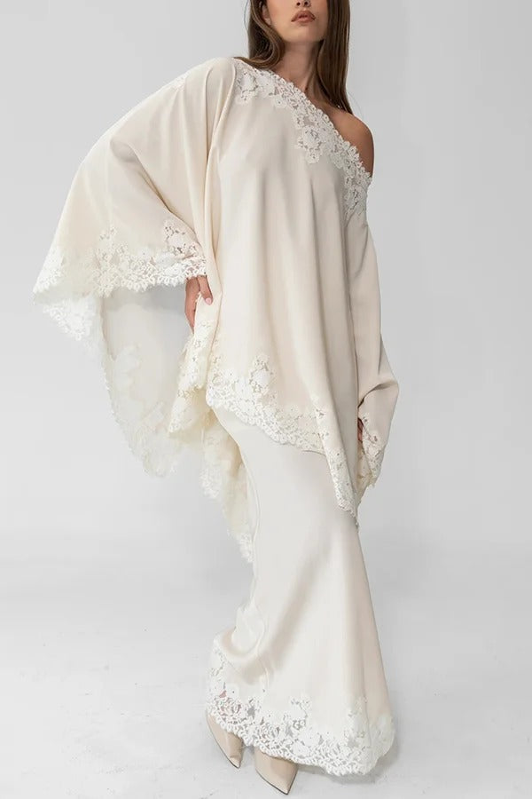 Like A Swan Lace Trim Off Shoulder Cape Top and Elastic Waist Draped Maxi Skirt Set