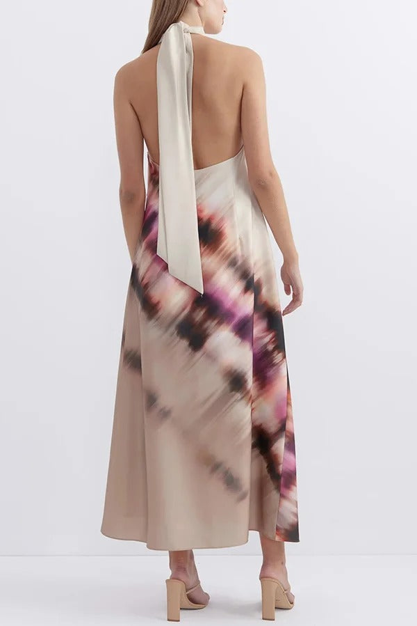 Unique Printed Halterneck Lace Up Backless Maxi Dress