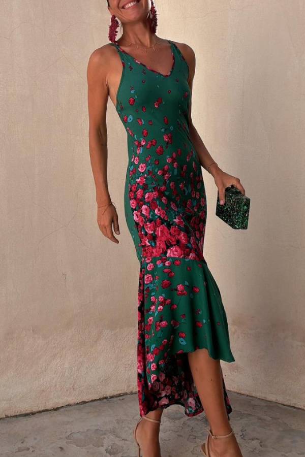 Falling Flowers Printed Back Lace-up Fishtail Stretch Maxi Dress