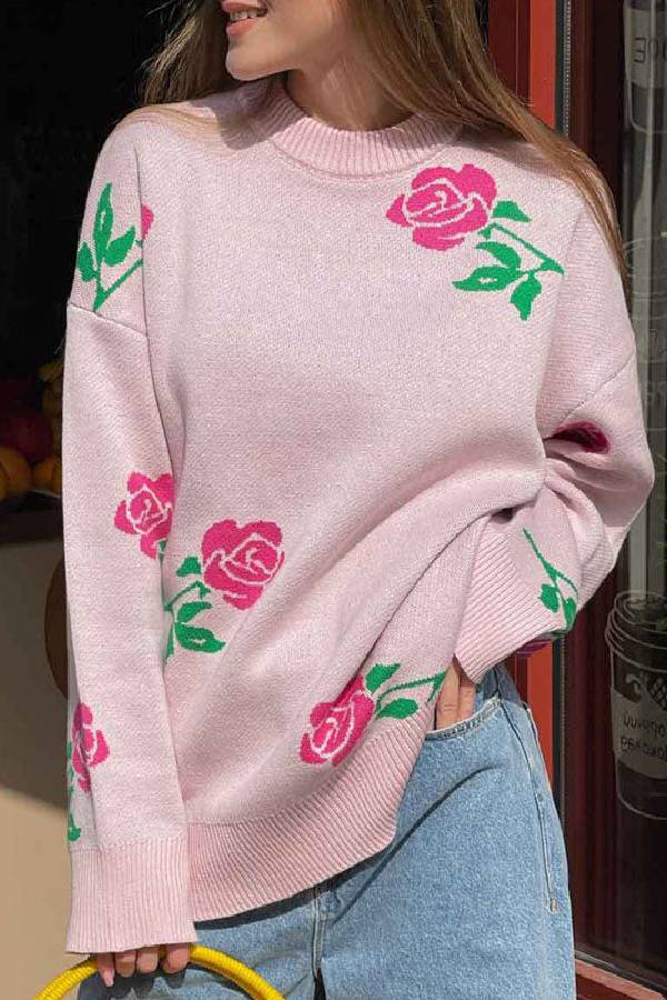 Round Neck Rose Print Sweater