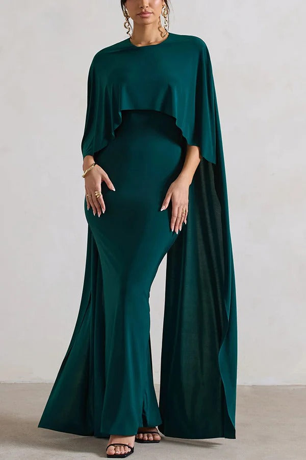 Charming Look Crew Neck Cape Sleeve Stretch Maxi Dress