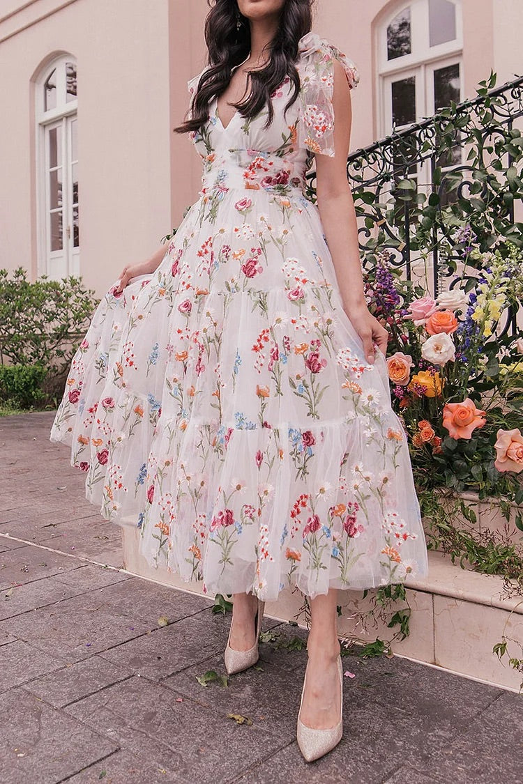 Knotted Straps Deep V Neck Tulle Floral Print Tiered Pleated White Midi Dresses