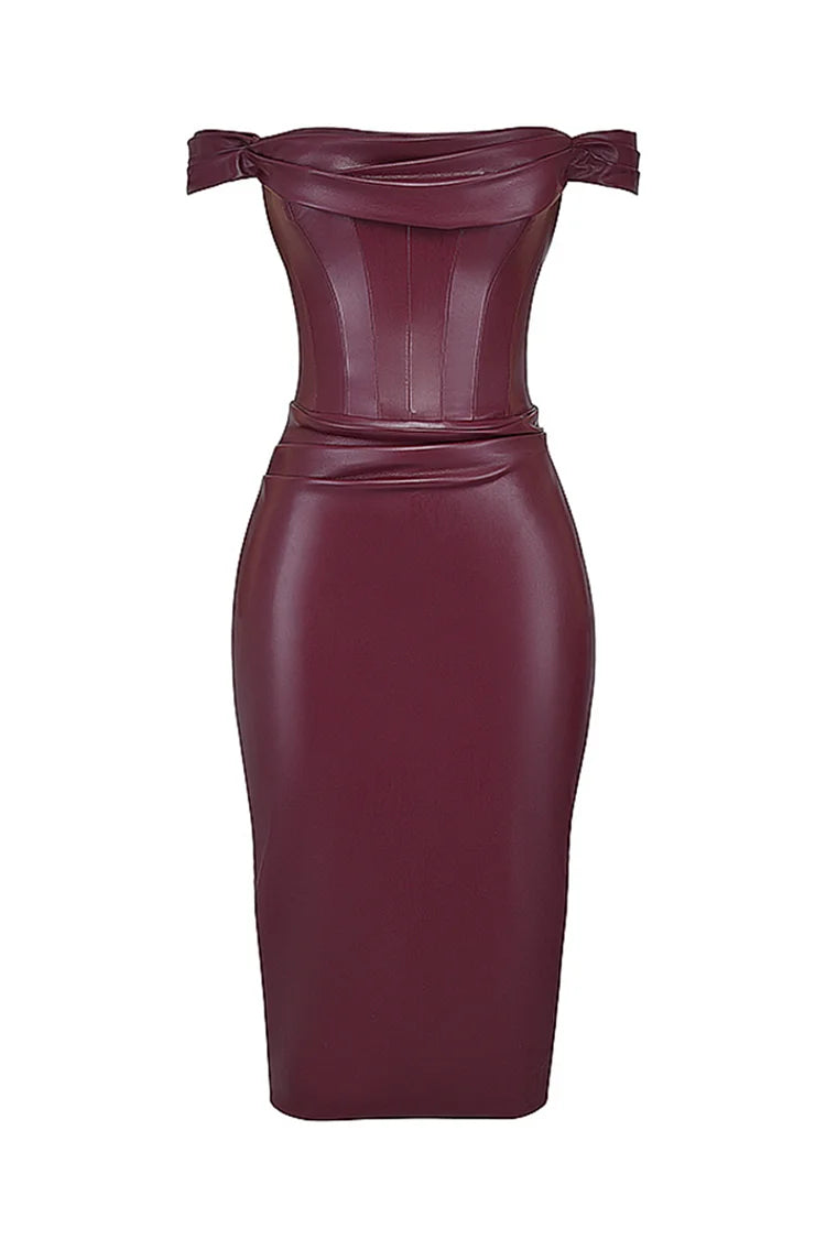 Faux Leather Pleated Neckline Corset Bodycon Cocktail Party Midi Dresses-Burgundy