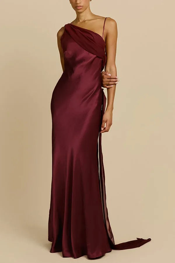 Helena Satin Asymmetric Neckline Contrast Chiffon Detail Backless Maxi Dress