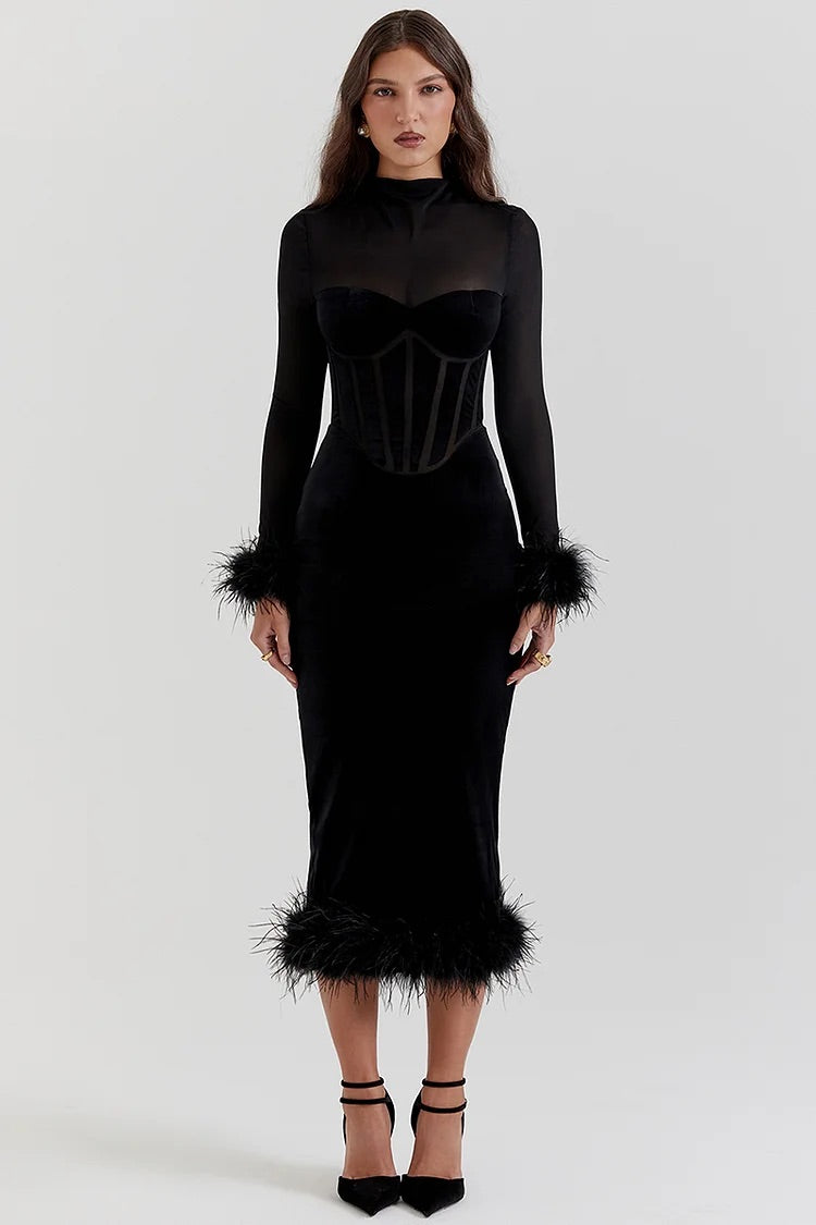 Mesh Patchwork Long Sleeve Feather Cuff Bodycon Cocktail Party Velvet Midi Dresses