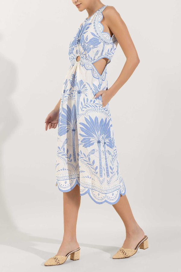 Naiara Palm Print Sleeveless Scalloped Trim Midi Dress