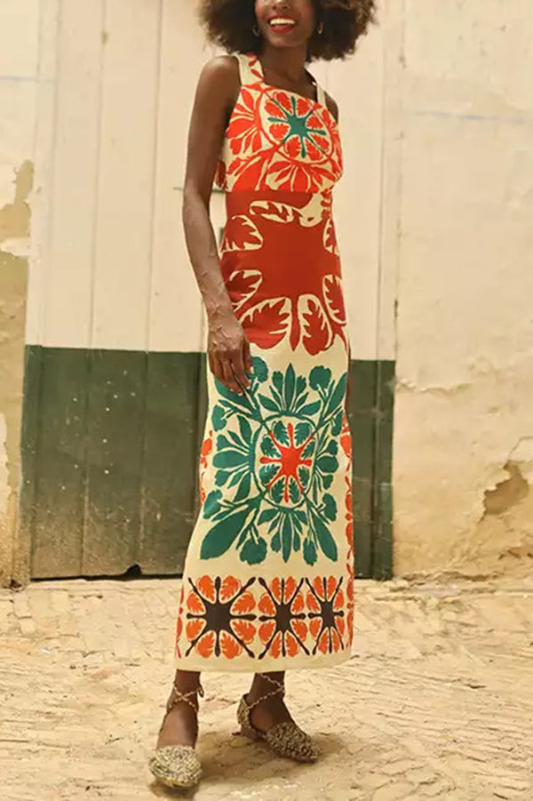 Jolie Unique Printed Square Neck Backless Slim High Waist Maxi Dress