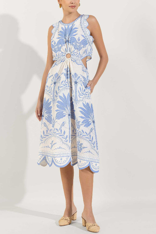 Naiara Palm Print Sleeveless Scalloped Trim Midi Dress