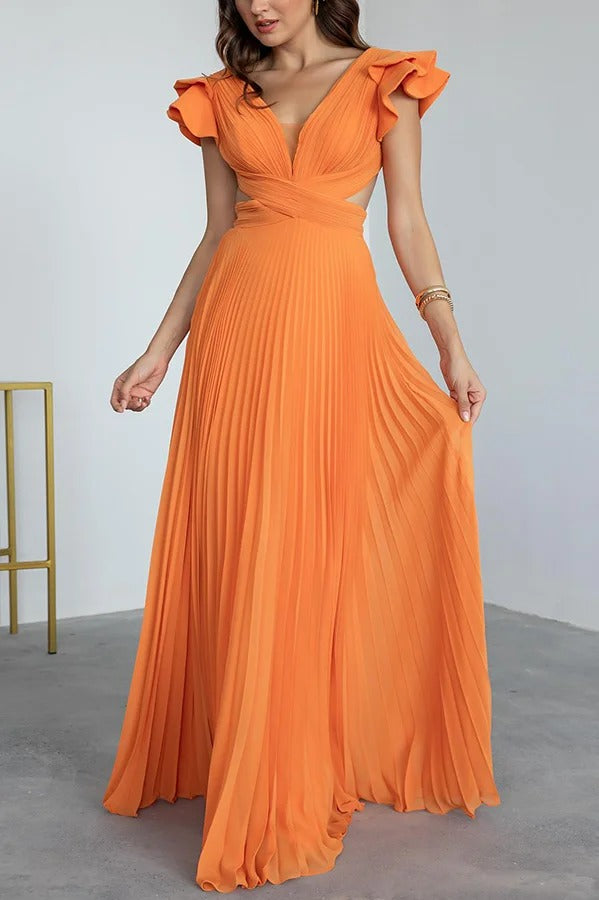 Seville Pleated Layered Ruffle Sleeve Cutout Back Lace-up Maxi Dress