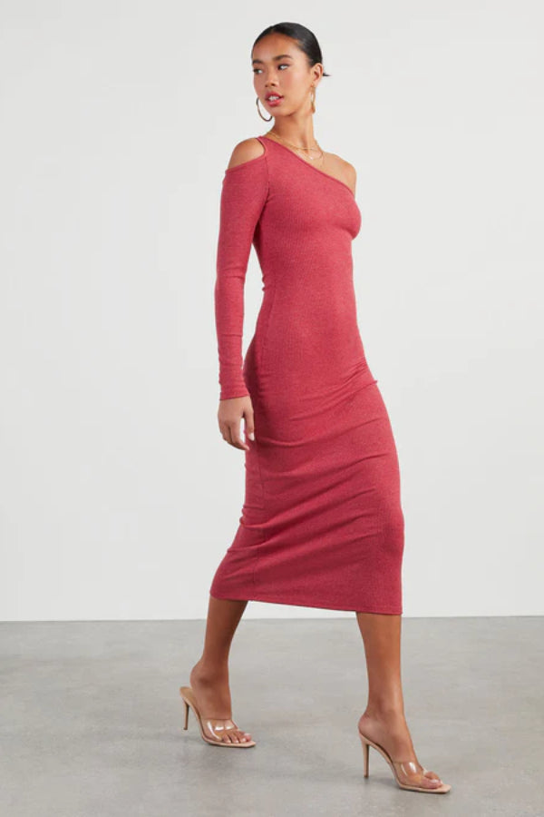 Cutout One Shoulder Knit Midi Dress