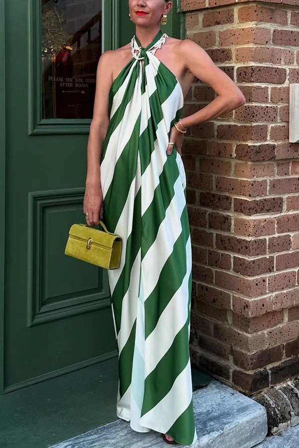 Most Dreamy Stripe Print Halter Tie-up Backless Pocket Loose Maxi Dress
