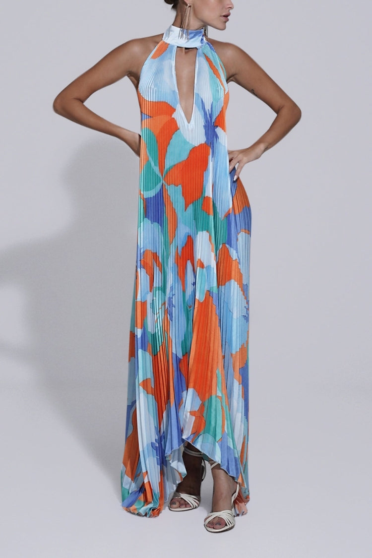 Opera Pleated Colorblock Camouflage Print Cutout Halter A-line Maxi Dress