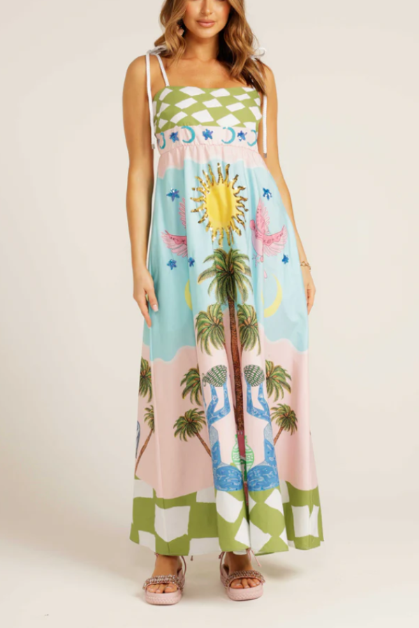 Elegant Goddess Hand-Painted Printed Maxi Dress