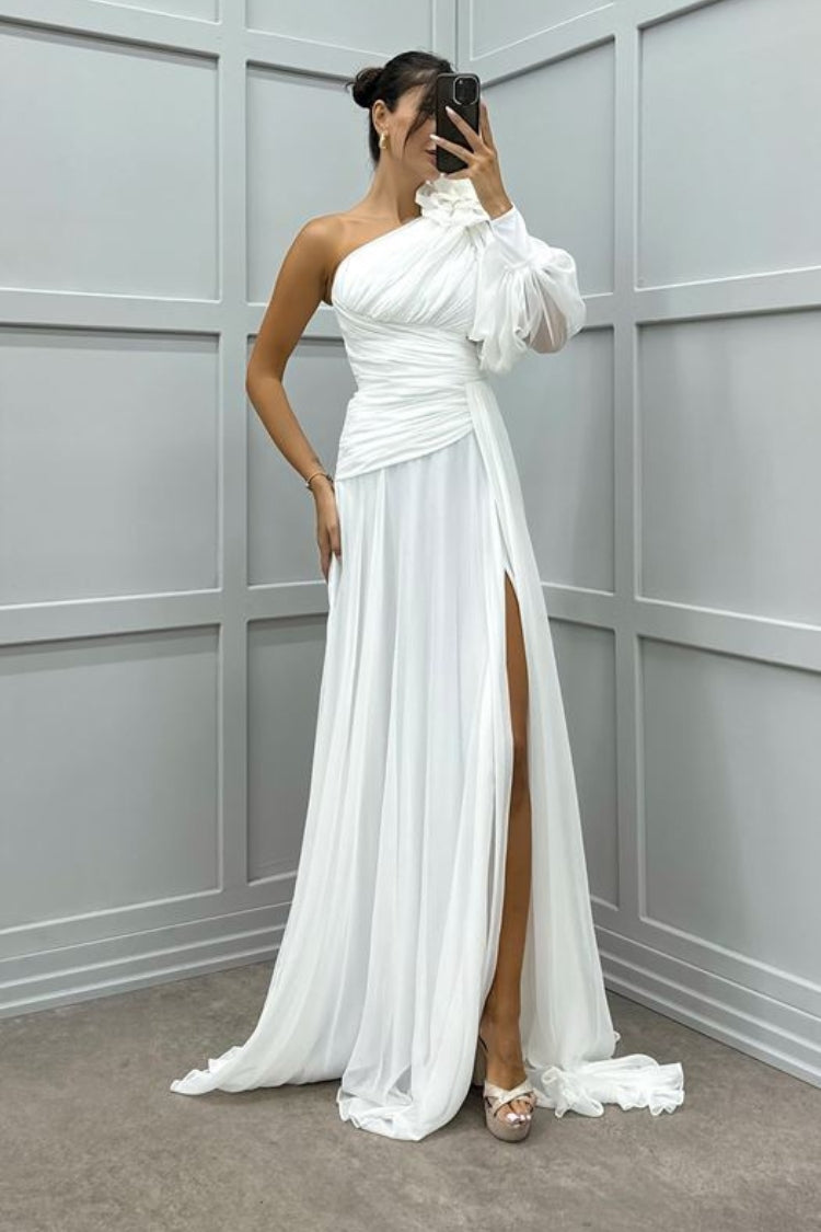 One Sleeve Shoulder Detail Design Evening Dress