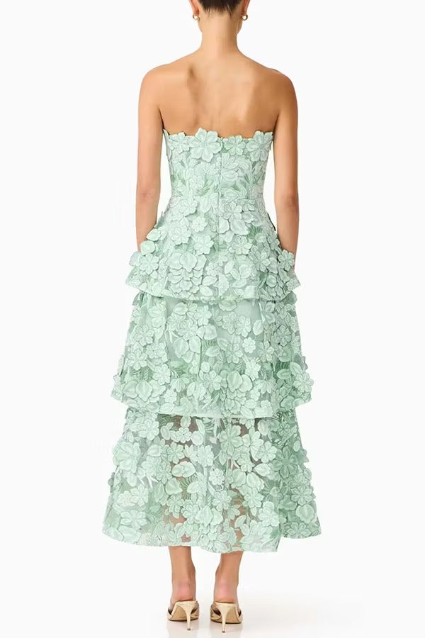 Cocktail Events 3D Embroidery Floral Detail Off Shoulder Tiered Hem Maxi Dress