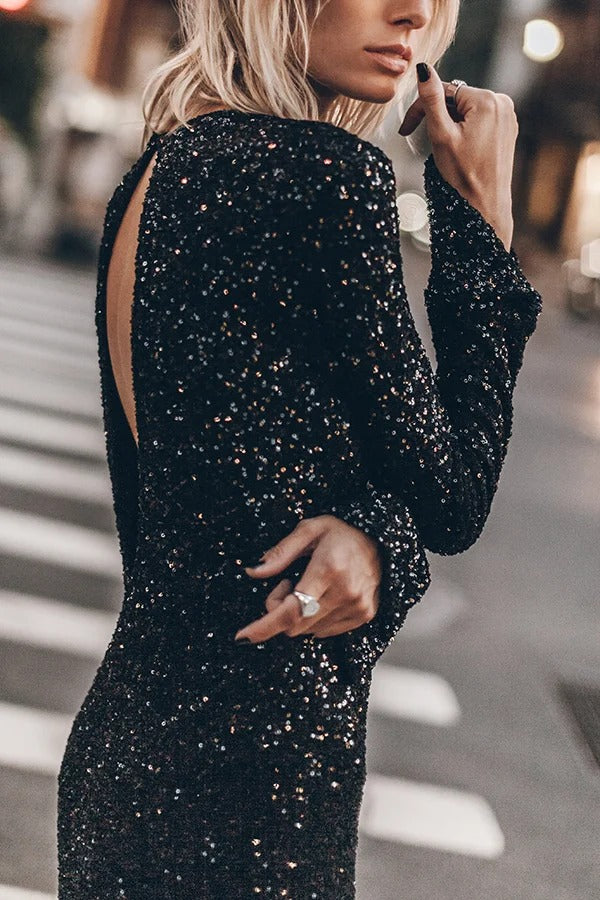 Ignite Sparkly Nights Sequin Extra Long Sleeve Open Back Loose Midi Dress