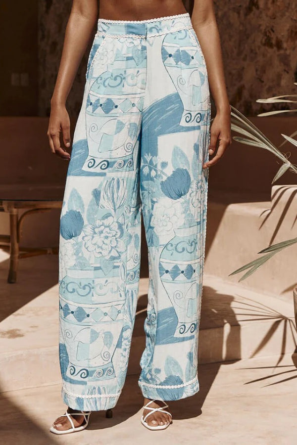 Tyra Ric Rac Trims Unique Print Pocket Wide Leg Pants