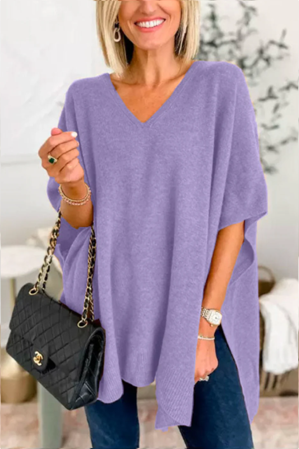 V Neck Loose Fit Solid Poncho Sweater