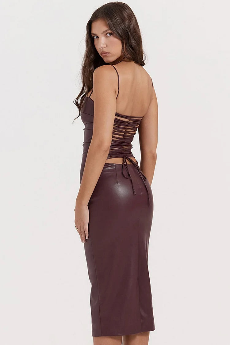 Lace Up Back Cocktail Party Leather Slip Midi Dresses