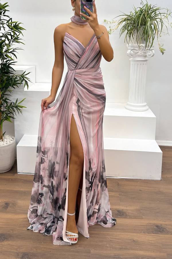 In A Dreamland Chiffon Floral Print Off Shoulder Pleated Scarf Slit Maxi Dress