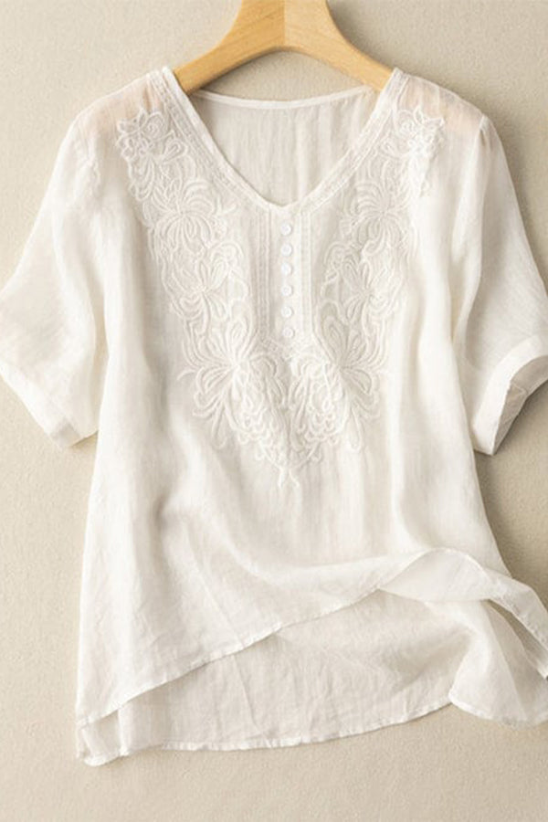 Cotton Linen Fine Embroidery V-neck Casual Top