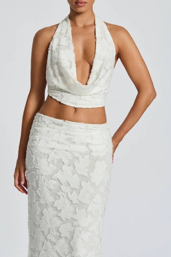 Myra Floral Burnout Jersey Fabric Halter Crop Tank and Ruched Maxi Skirt Set
