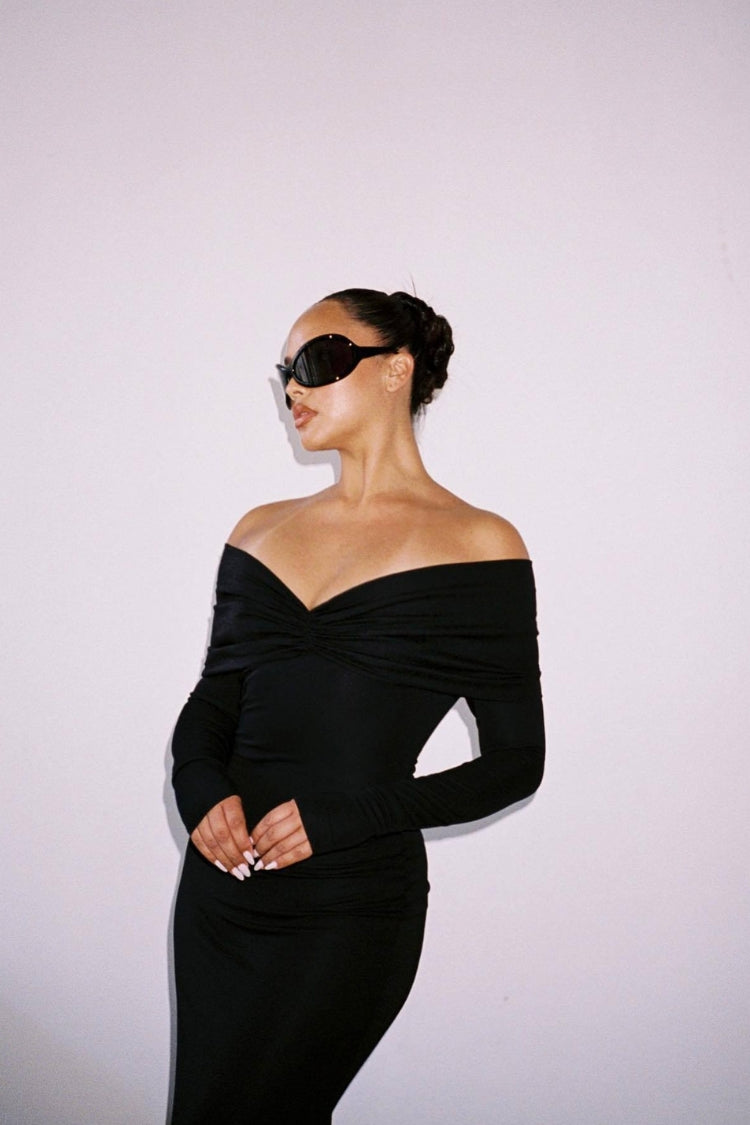 Long Sleeve Off-Shoulder Bandeau Shirred Maxi Dress