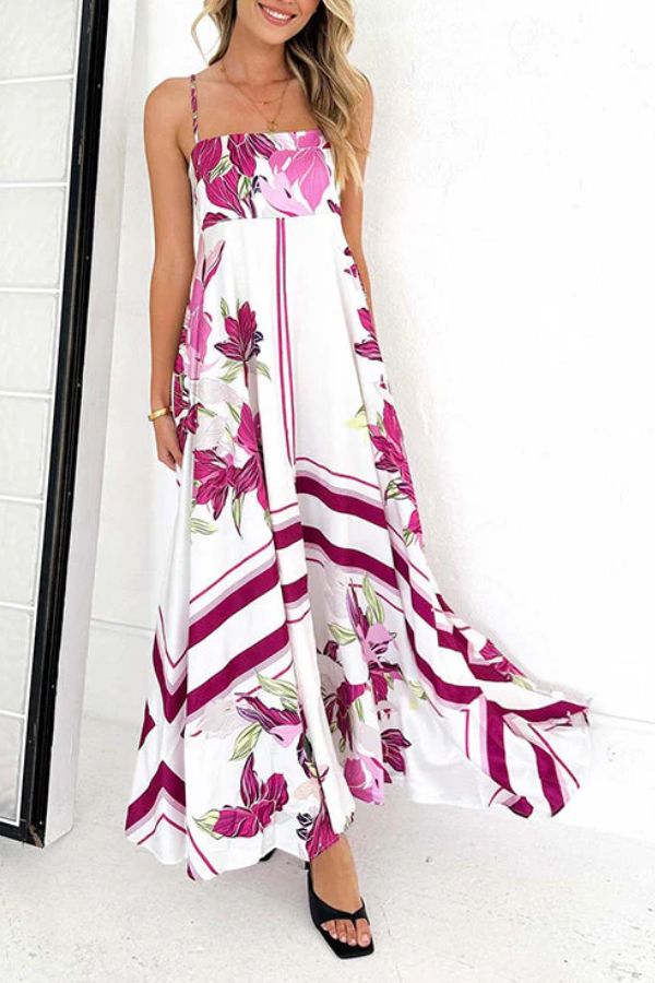 Spaghetti Strap High Waist Floral Print Swing Maxi Vacation Dress