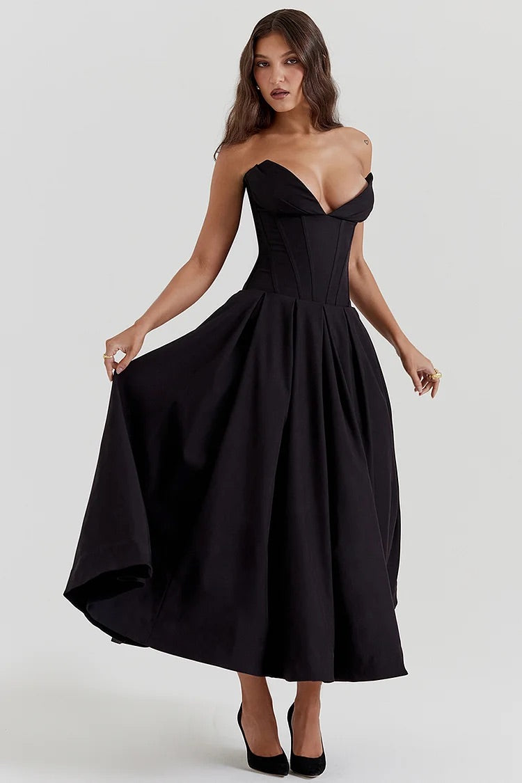 Deep V Neck Strapless Corset A-Line Pleated Midi Dresses-Black