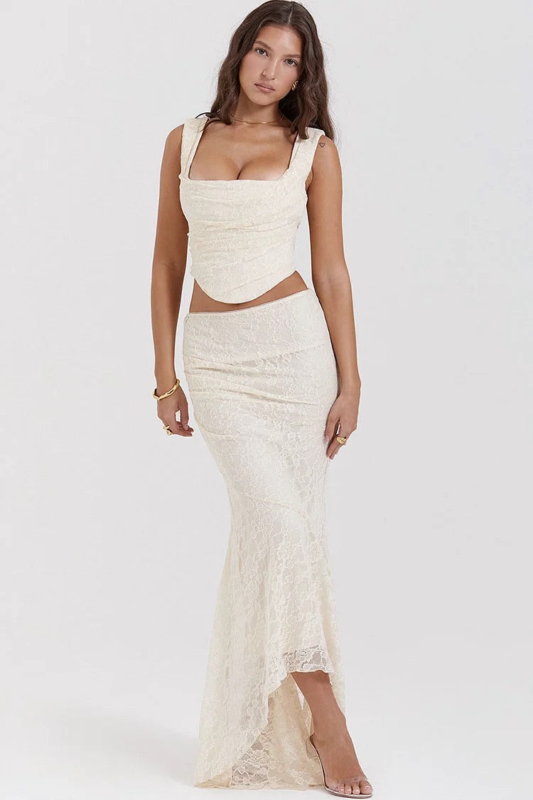 Ruched Crop Tank Top Lace Fishtail Hem Maxi Skirt Matching Set