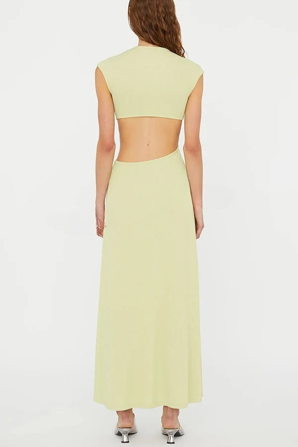 Eye-catching Ribbed Knit S-buckle Hardware Cutout Waist Maxi Dress