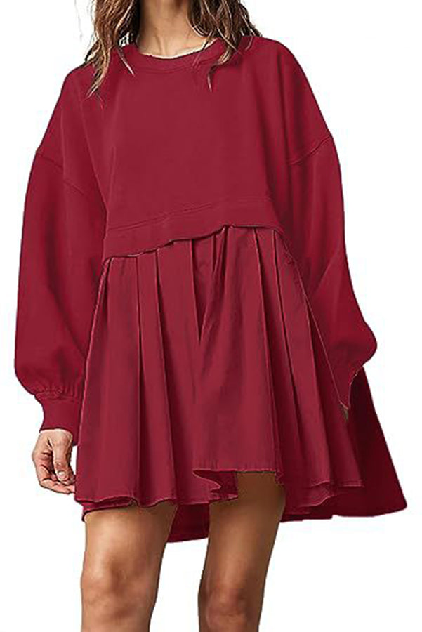 Sweet and Special Exaggerated Pleated Patchwork Sweatshirt A-line Mini Dress