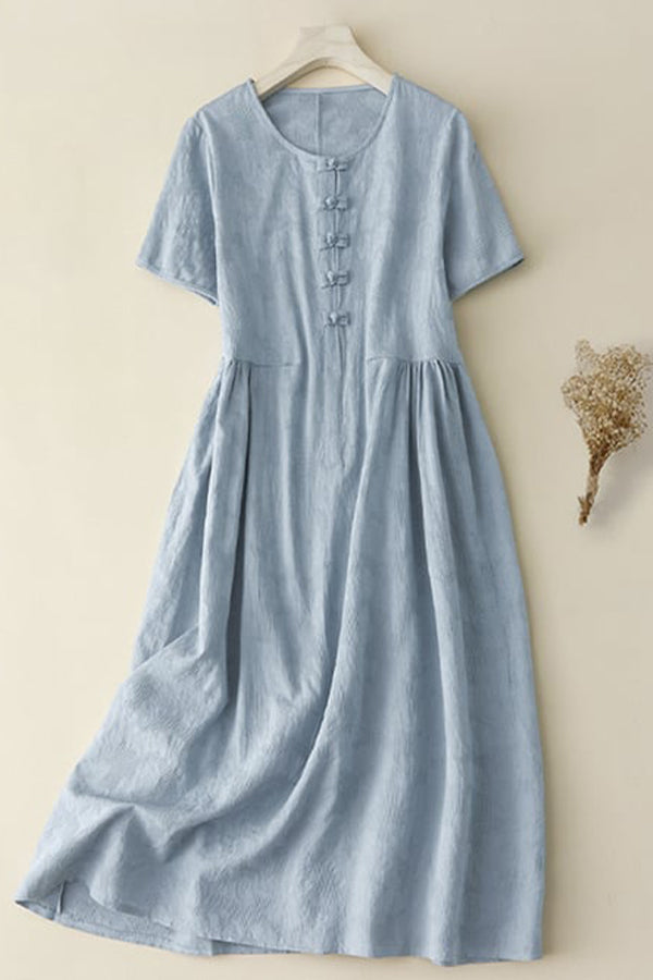 Ethnic Style Jacquard Retro Button Loose Cotton Linen Dress