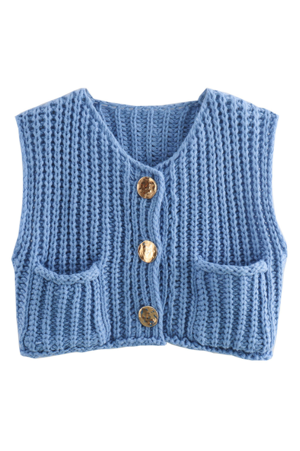 Pocket Sleeveless Cropped Knitted Cardigan Vest