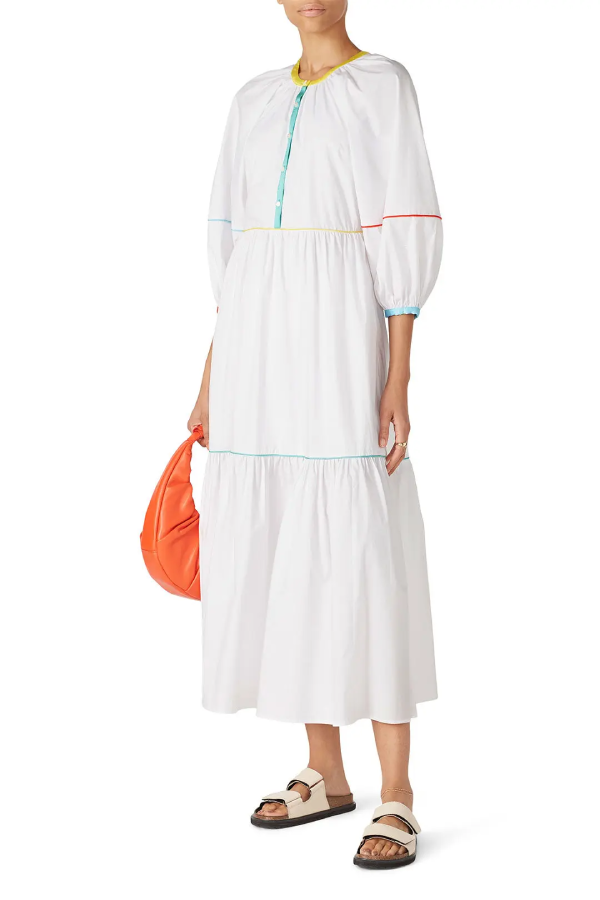 White Cotton Poplin Puff Sleeve Loose Mid-length Dress