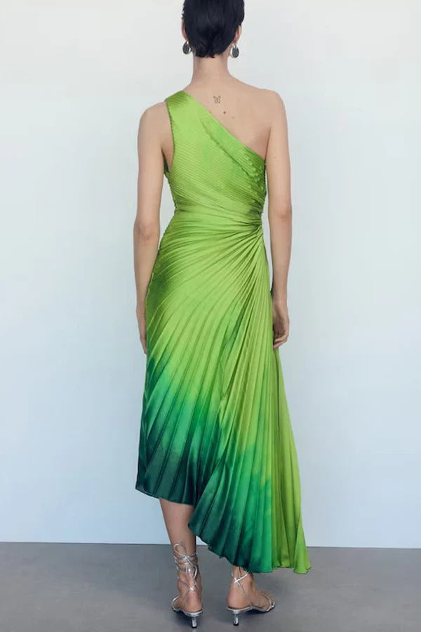 Lawn Wedding Pleated Gradient Print One Shoulder Cutout Maxi Dress