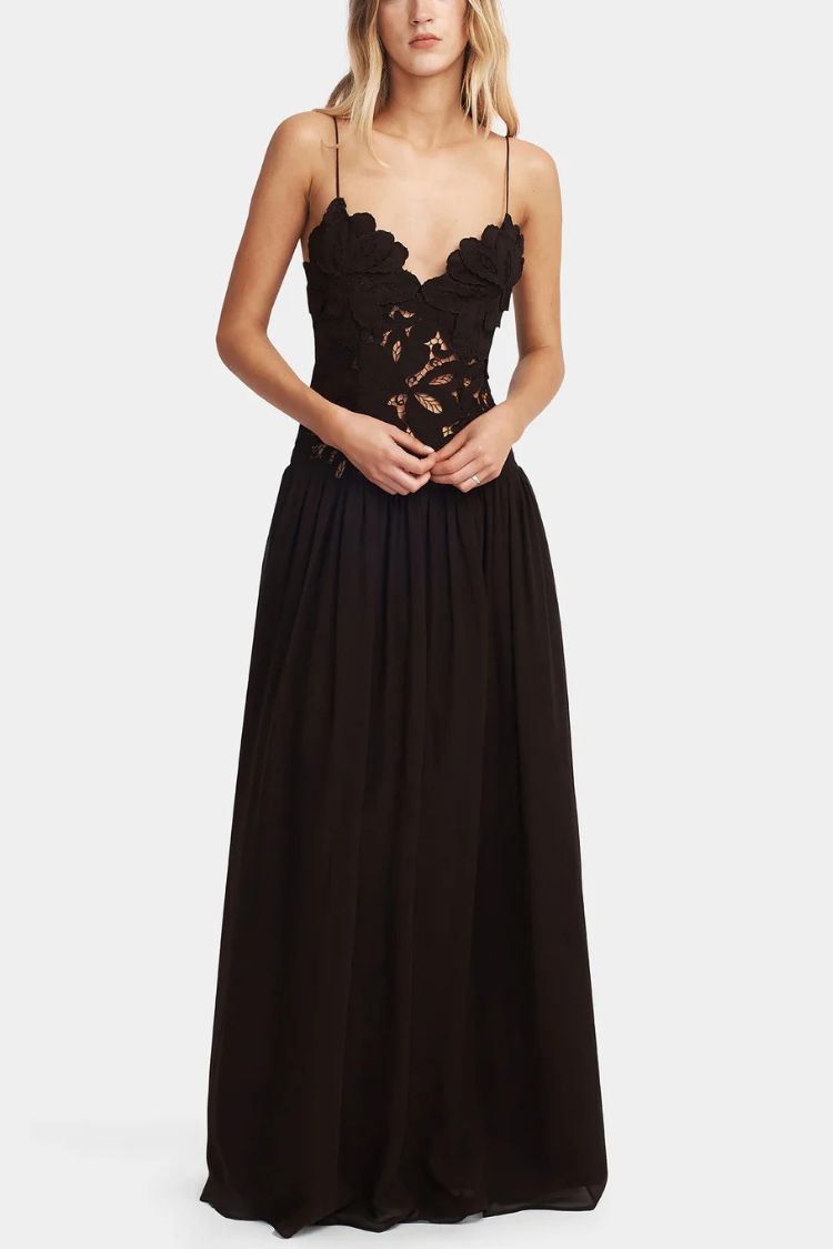 Stephanie Flower Crochet Lace Bust Chiffon Fluffy Hem Maxi Dress
