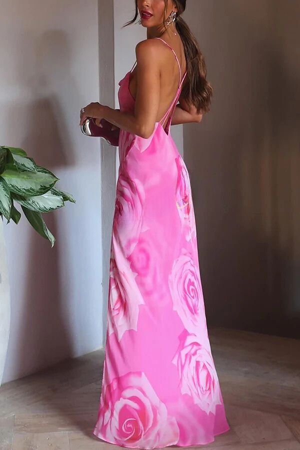 You Get The Picture Floral Cowl Neck Flowy Slit Maxi Dress