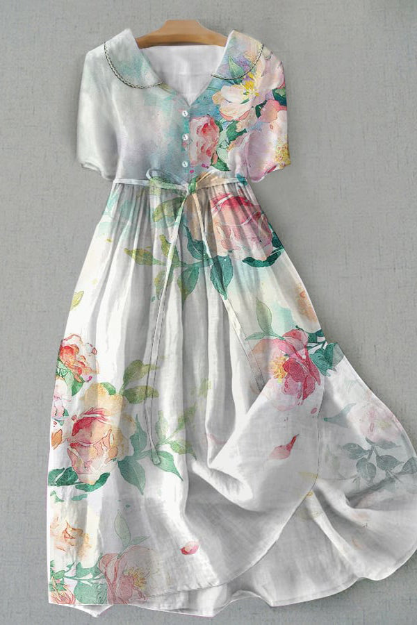 Artistic Floral Print Doll Neck Dress