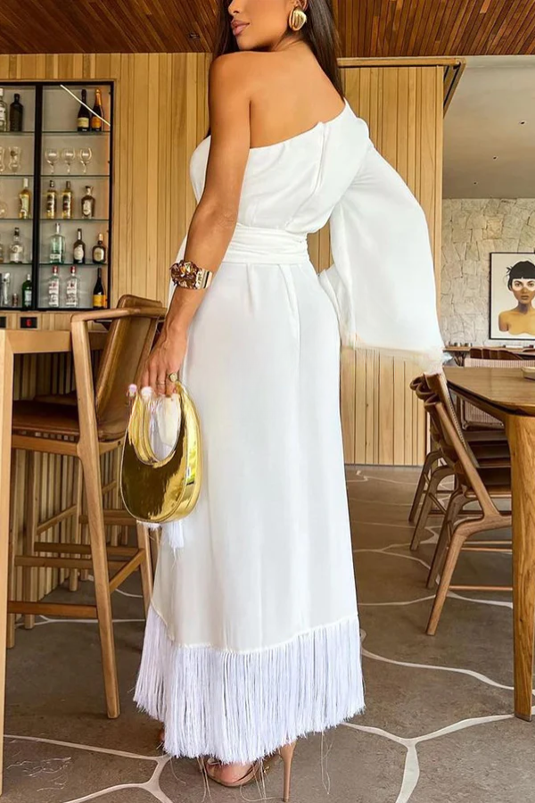 Solid Color One-sleeve Waisted Lace-up Fringed Hem Elegant Maxi Dress