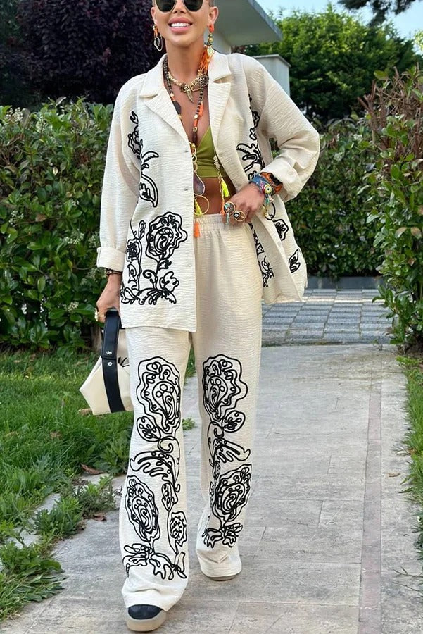 Bella Linen Blend Embroidered Floral Print Long Sleeve Loose Shirt and Elastic Waist Pocket Pants Set