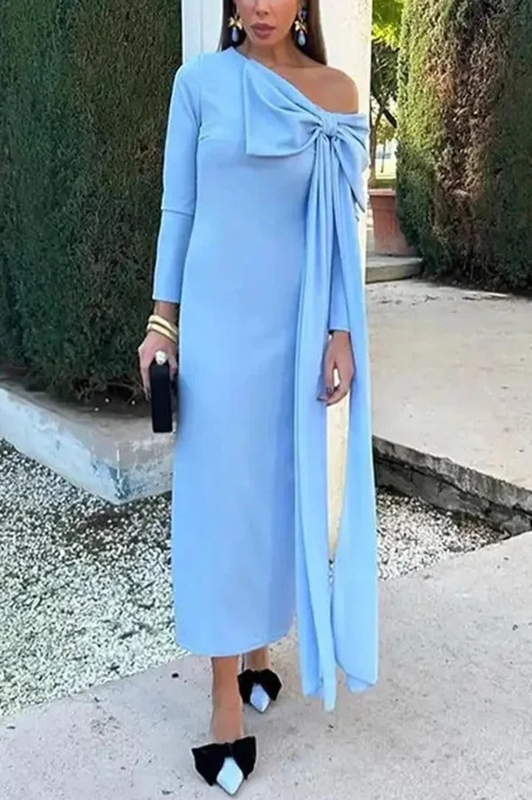 Vanessa Solid Color Long Sleeve Slim Fit Oversized Bow Tie Maxi Dress