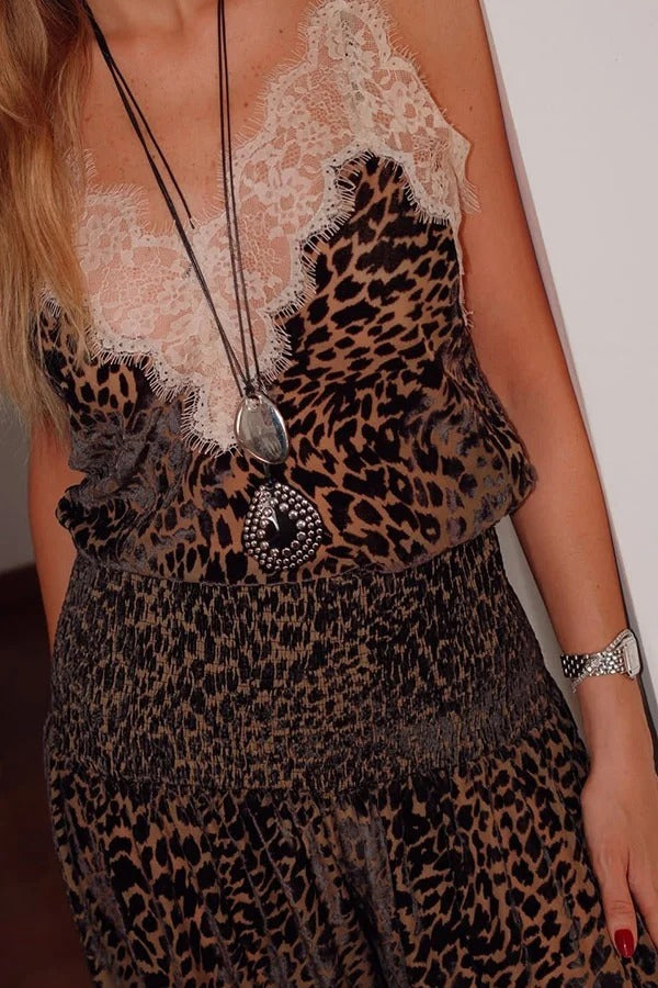 Wild Charm Leopard Print Lace Trim Spaghetti Strap Loose Tank
